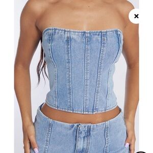 PrettyLittleThing Petite Light Blue Wash Bandeau Denim Corset Top XS 2 nwt